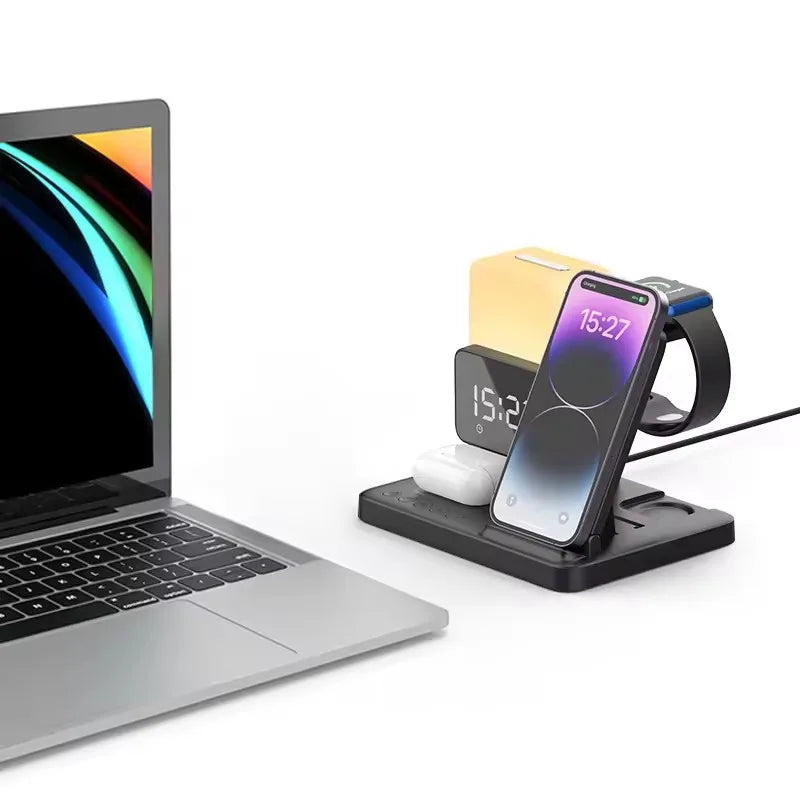New Design 15W Fast Wireless Charging Station,Desktop 6 in 1 Wireless Charger With Night Light and Alarm Clock