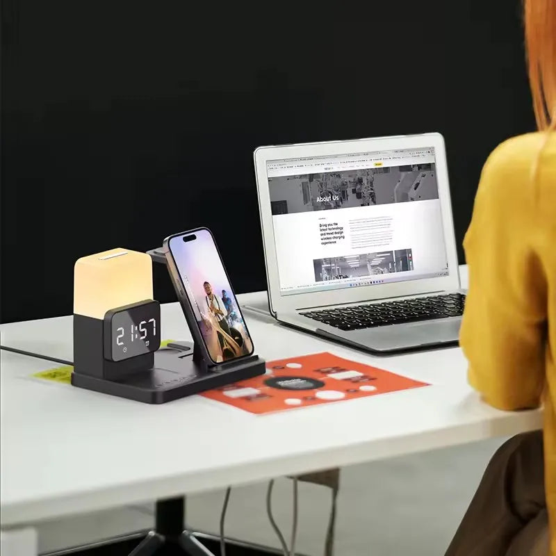 New Design 15W Fast Wireless Charging Station,Desktop 6 in 1 Wireless Charger With Night Light and Alarm Clock