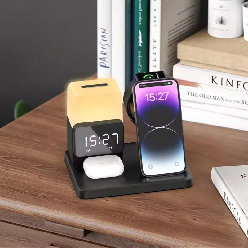 New Design 15W Fast Wireless Charging Station,Desktop 6 in 1 Wireless Charger With Night Light and Alarm Clock