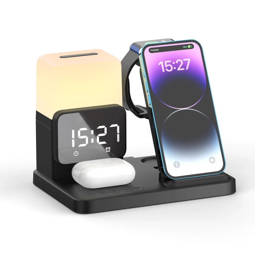 New Design 15W Fast Wireless Charging Station,Desktop 6 in 1 Wireless Charger With Night Light and Alarm Clock