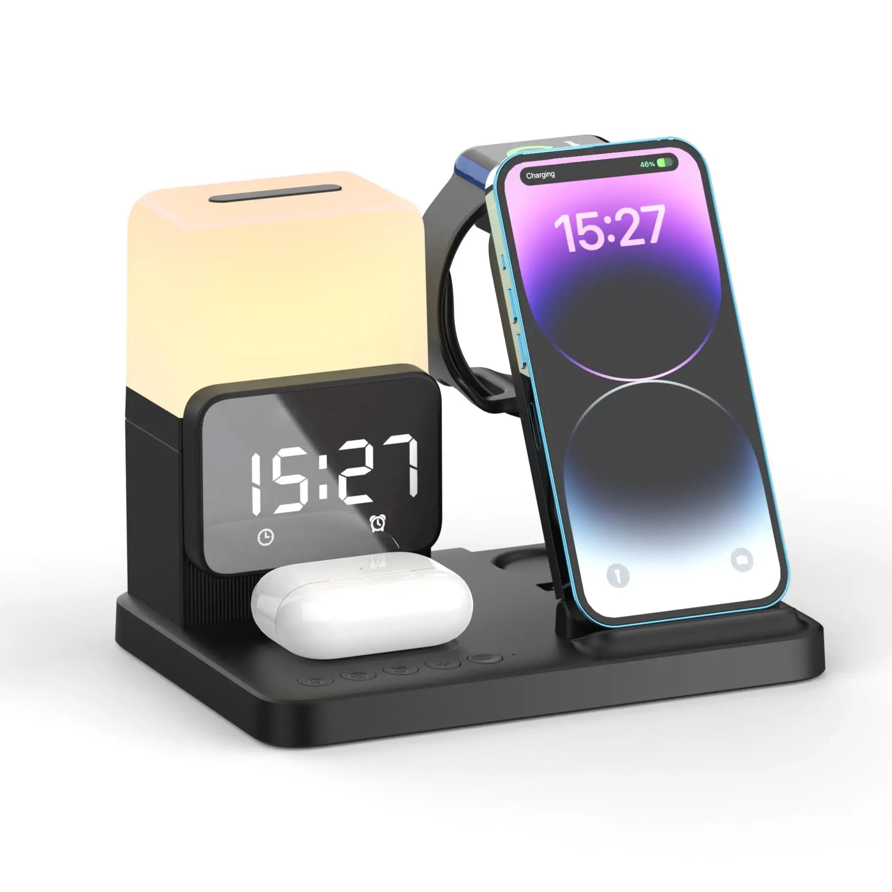New Design 15W Fast Wireless Charging Station,Desktop 6 in 1 Wireless Charger With Night Light and Alarm Clock