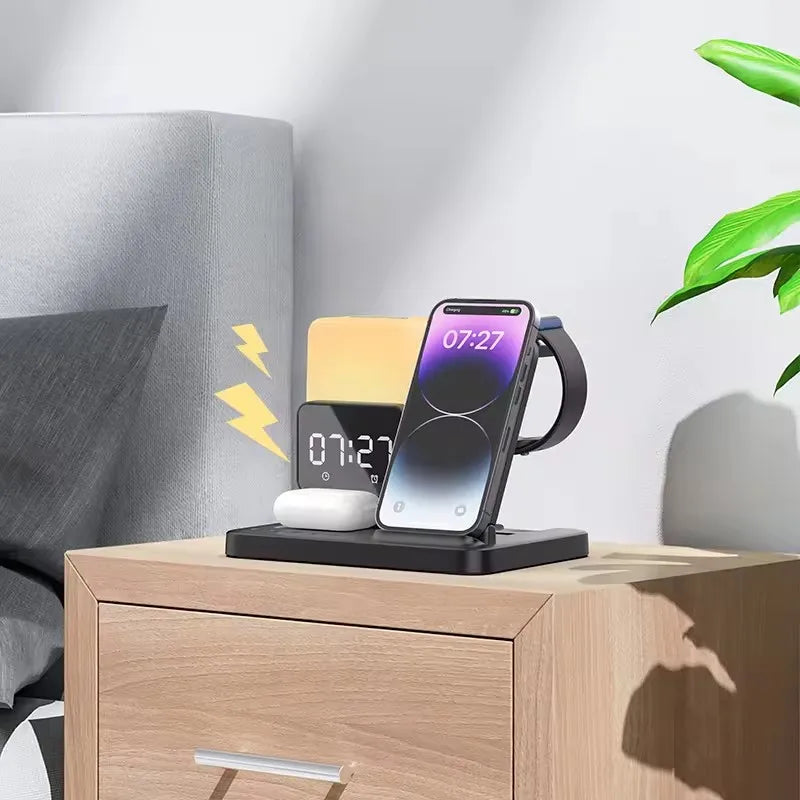New Design 15W Fast Wireless Charging Station,Desktop 6 in 1 Wireless Charger With Night Light and Alarm Clock