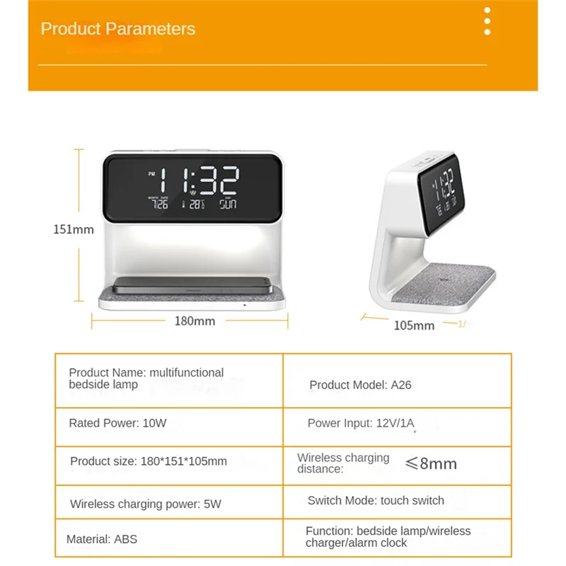 AF93-Alarm Clock With Wireless Charging And Lights Dimmable Digtial Alarm Clock Charging Station For Bedroom, Bedside Office Dur