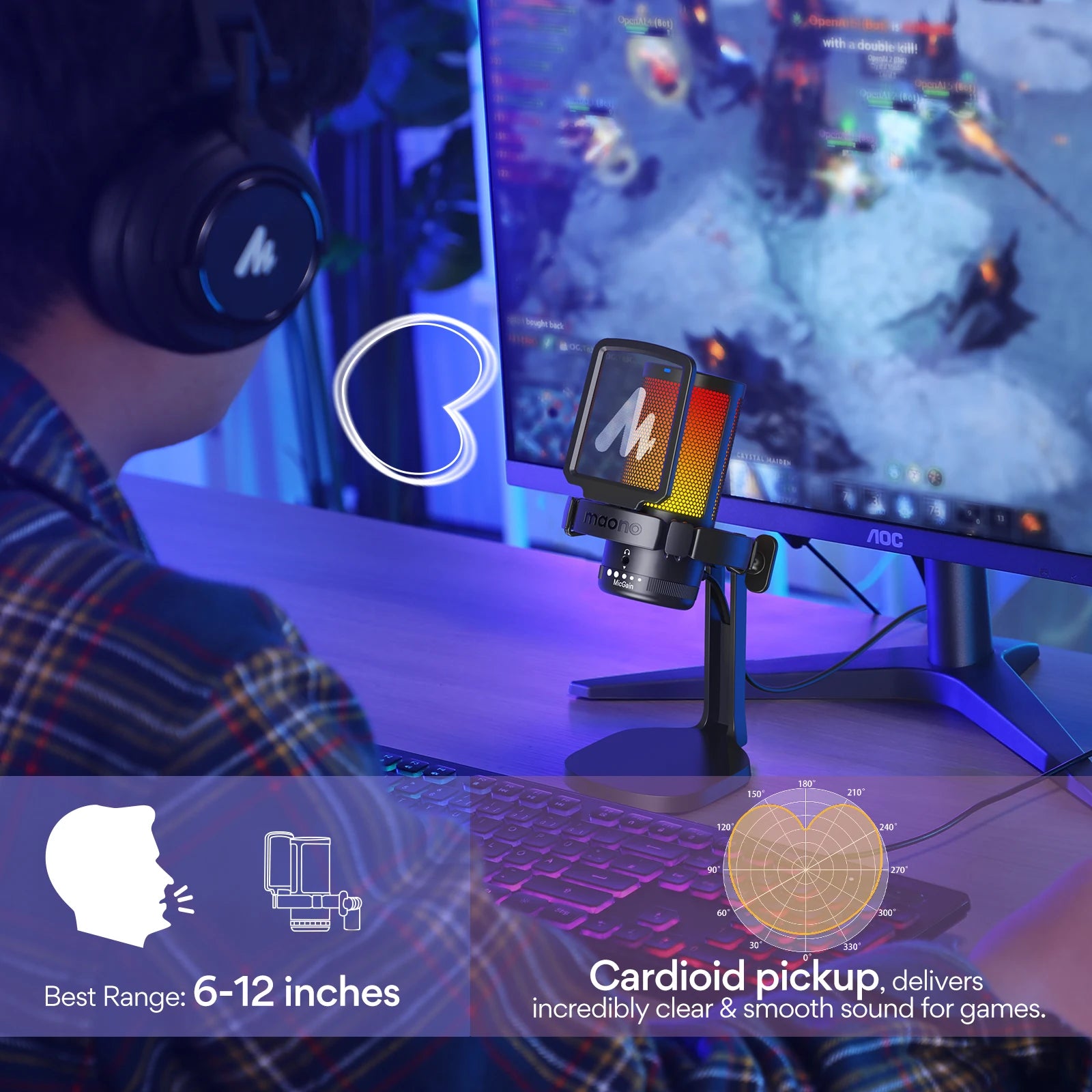 Maono DGM20 Gaming Microphone,USB Microphone Condenser Mic RGB Gaming Mic with Noise reduction software,Mic Gain,One Key Mute