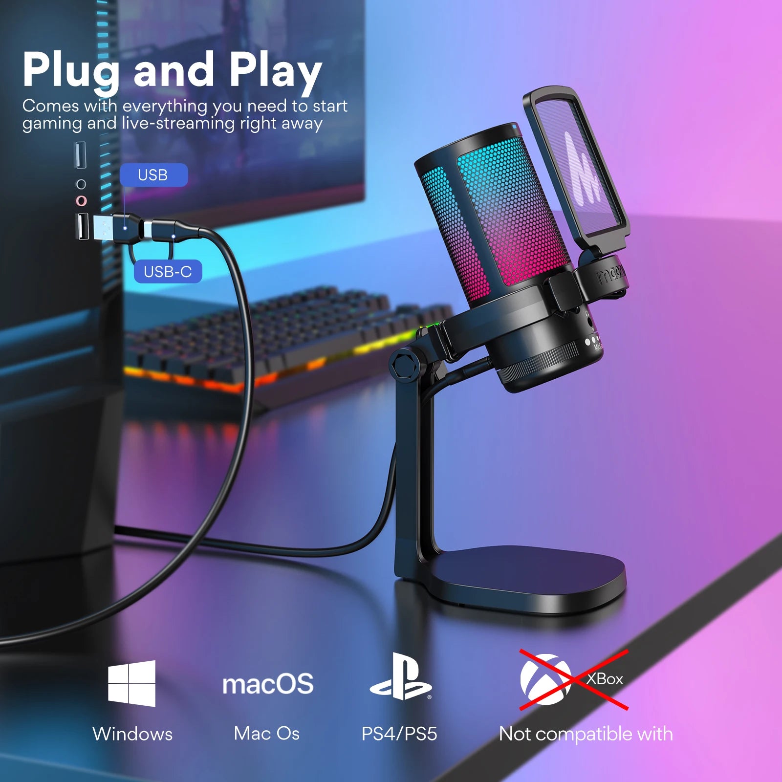 Maono DGM20 Gaming Microphone,USB Microphone Condenser Mic RGB Gaming Mic with Noise reduction software,Mic Gain,One Key Mute