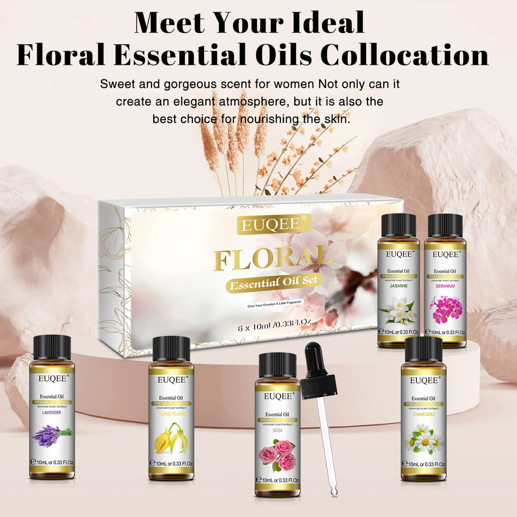 6 Bottles Floral Series Essential Oils Set for Diffuser Candle Making-Rose Lavender Ylang Ylang Jasmine Geranium Chamomile